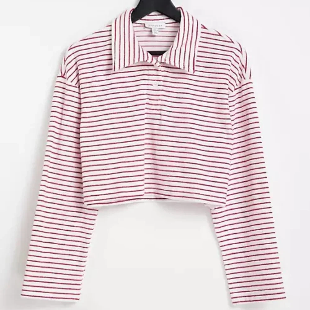 Topshop Terrycloth Stripe Button Up Polo in Red and White - Picture 1 of 8